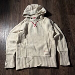 RED by Marc Daniels Cream Knit Hoodie Sweater Red Stitching Detail Size M